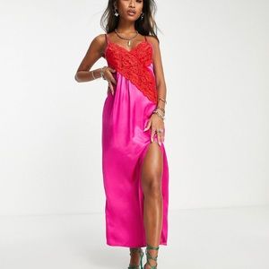 Topshop contrast lace color block slip dress in pink